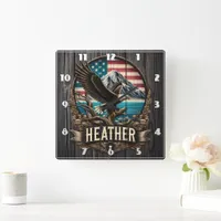 Eagle Perched on Branch Against American Landscape Square Wall Clock