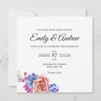 Peach Rose Blue Floral Watercolor Square Wedding Invitation