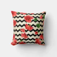 Red Hibiscus Flowers On Black And Beige Chevron  Throw Pillow