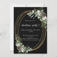 Black cone pine greenery gold Christmas Party Invitation