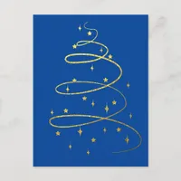 Abstract Sparkling Gold Christmas Tree on Blue Holiday Postcard