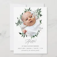 Watercolor Greenery Birth Announcement Photo Card