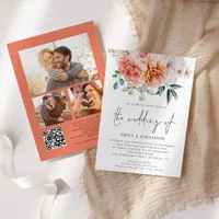 Peach Peonies Florals 3 Photos QR Code Wedding Invitation