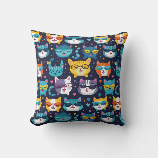 Assorted Cat Faces Funny Cool Cats Throw Pillow