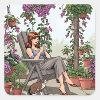 Pretty Woman Drinking Coffee, Her Dog and Plants Square Sticker