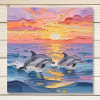 Impasto Dolphins and Ocean Waves   Metal Print