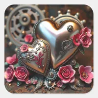 Metal Hearts and Pink Flowers Steampunk Square Sticker