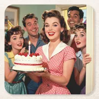 Funny Retro Friends Celebrating a Birthday Square Paper Coaster