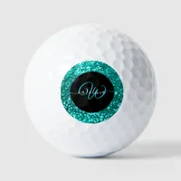 Stylish monogram aqua teal glitter name golf balls