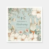 Bunny Foliage Christening Baptism Name Powder Blue Napkins