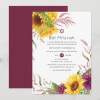 Sun and Burgundy Plum Floral Bat Mitzvah Invitation