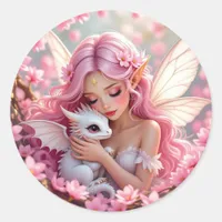 Pretty Pink Elven Fairy & Dragon  Classic Round Sticker