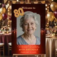 Burgundy Red Gold Photo 80th Birthday Welcome Foam Board