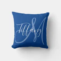 Modern Script Monogram in Blue Throw Pillow