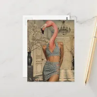 Surreal Flamingo Woman Wearing Blue Denim Outfit Postcard