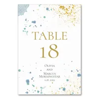 WEDDING |  Modern Blue and Gold Paint Splatters Table Number