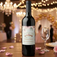 Pink Floral Sage Green Gold Tiara Quinceañera Wine Label