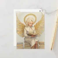  Blond Angel Woman Sitting on Books Reading a Book Postcard