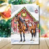 A Festive Brown Horse and Winter Barn Christmas Card