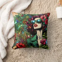 Pretty Woman in Flower Garden Throw Pillow