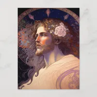 Jesus with Flowers in hair by Mucha AI Generated  Postcard