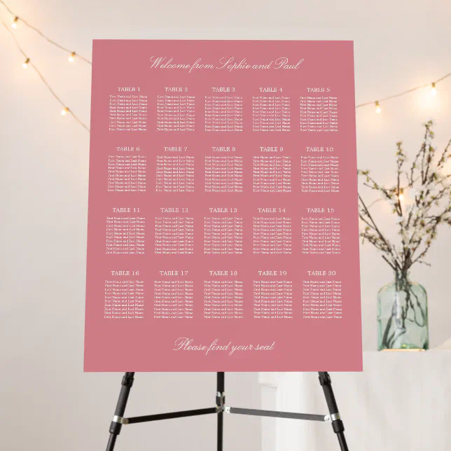 Blush Pink 20 Table Wedding Seating Chart Foam Board