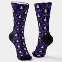 Christmas Gold Stars Trees Dark Blue Unisex Adult Socks