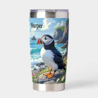 Cute Puffin on the Seashore themed Personalized Insulated Tumbler