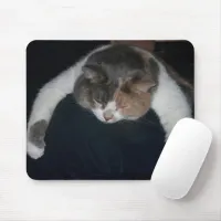 Cute Calico Sleeping Cat Over Shoulder Mouse Pad