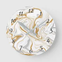White, Gold and Gray Marble Like Swirls Fluid Art  Round Clock