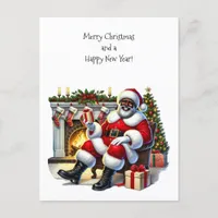 Black Santa with Fireplace, Stockings, Tree Holiday Postcard