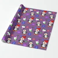 Purple Penguins and Snowflakes Cute Christmas Wrapping Paper