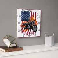 Flamed bike by American flag Square Wall Clock