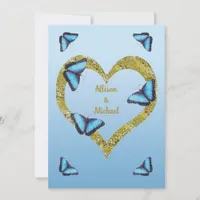 Blue morpho butterfly with golden heart wedding invitation