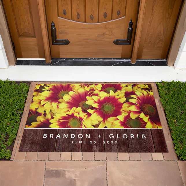 Rustic Autumn Sunflowers on Fence Wedding Doormat