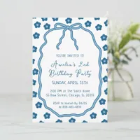 Cute Girly Blue Flowers and Bow Birthday Party Invitation