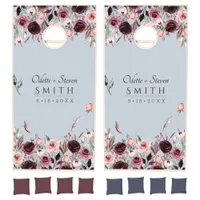 Botanical Dusty Blue and Burgundy Country Wedding Cornhole Set