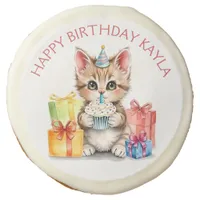 Cute Personalized Kitten in Birthday Hat  Sugar Cookie