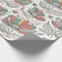 Floral Abstract Doodle Art Style Peach Green Beige Wrapping Paper