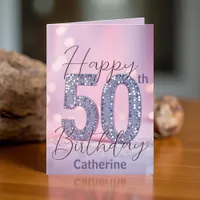Elegant Silver Sequin on Soft Pink 50th Birthday Card