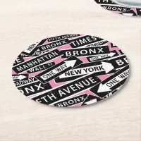 New York City Street Sign Pattern on Pink Round Paper Coaster