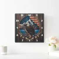 Bald Eagle Perched by Mountain and American Flag Square Wall Clock