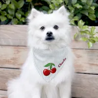 Red Cherries on Blue Stripes Personalized Pet Bandana Collar