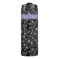 Hand Drawn Floral Black White Pattern Purple Name Thermal Tumbler