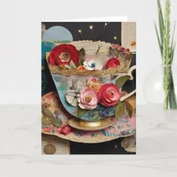 Teacup and Flowers Mixed Media Collage  Card