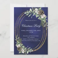 Cone pine greenery gold frame blue Christmas Party Invitation