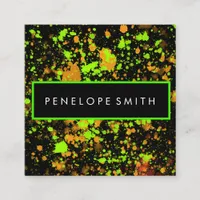 Orange and Neon Green Abstract Paint Splatter  Square Business Card