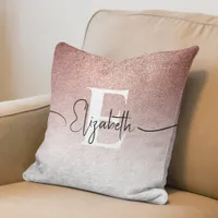 Girly Sparkle Rose Gold Glitter Ombre Monogrammed Throw Pillow