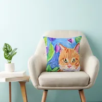 Colorful Watercolor Art | Orange Cat and Flowers Throw Pillow