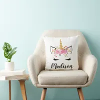 Unicorn Face With Eyelashes Personalized Name Throw Pillow